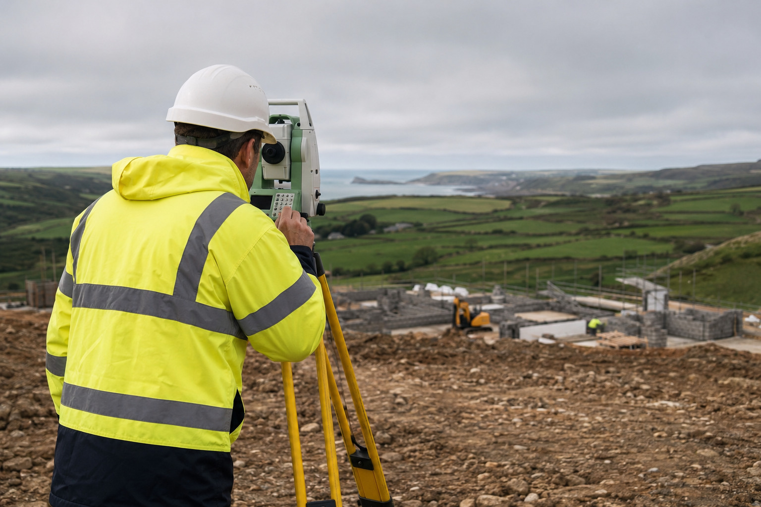 Surveyor using a total station for a topographical survey